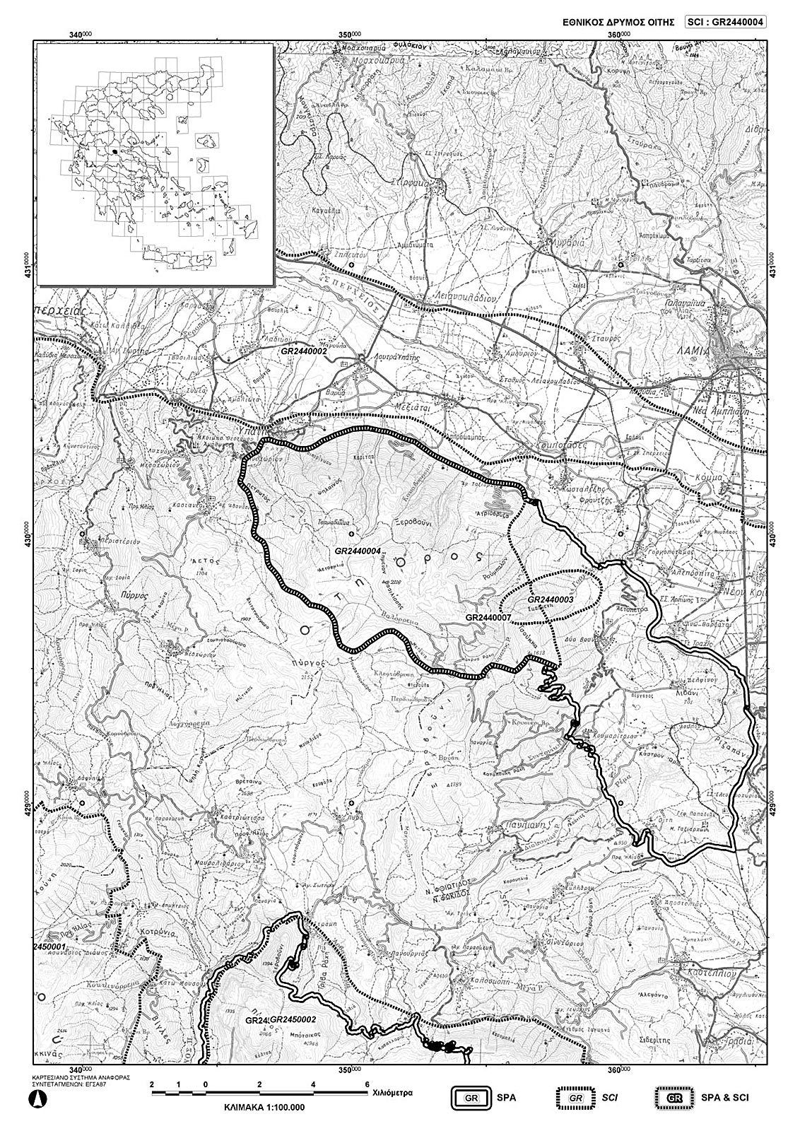 Χάρτης των περιοχών Natura 2000 στην Οίτη.